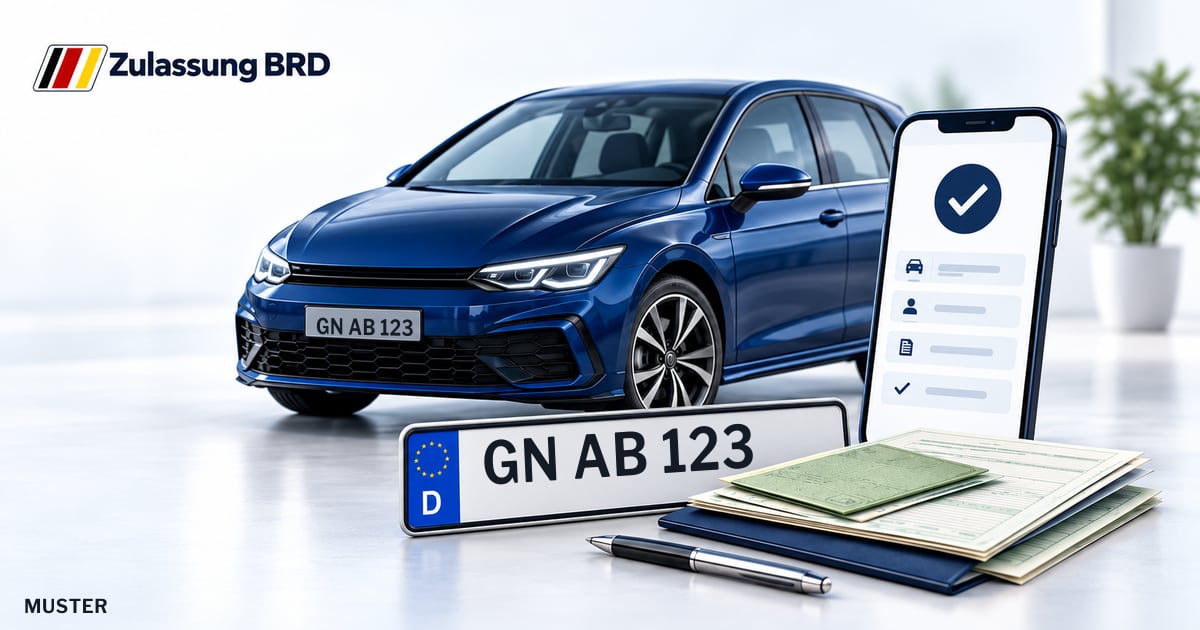 Online Fahrzeugzulassung in Gelnhausen: Musterkennzeichen GN AB 123, Auto und Fahrzeugpapiere und Smartphone. Illustration mit Logo von Zulassung BRD.